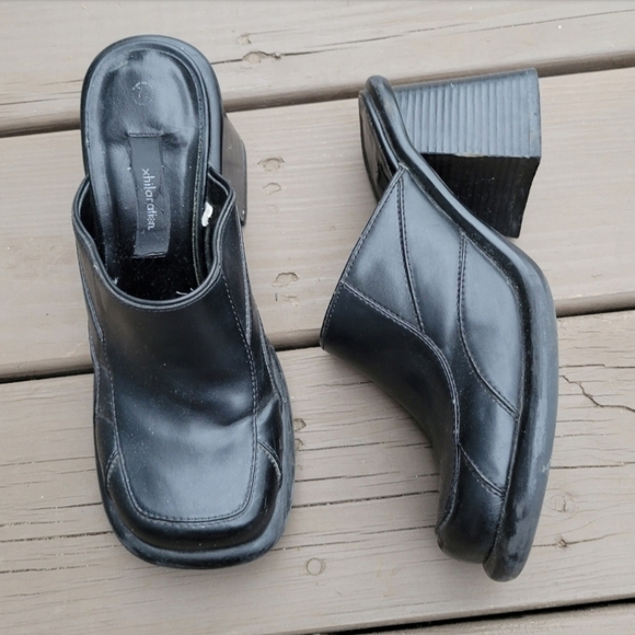 Vintage 90s y2k Bratz Black Vegan Faux Leather Super Chunky Square Toe Mules 7.5 - Picture 9 of 9